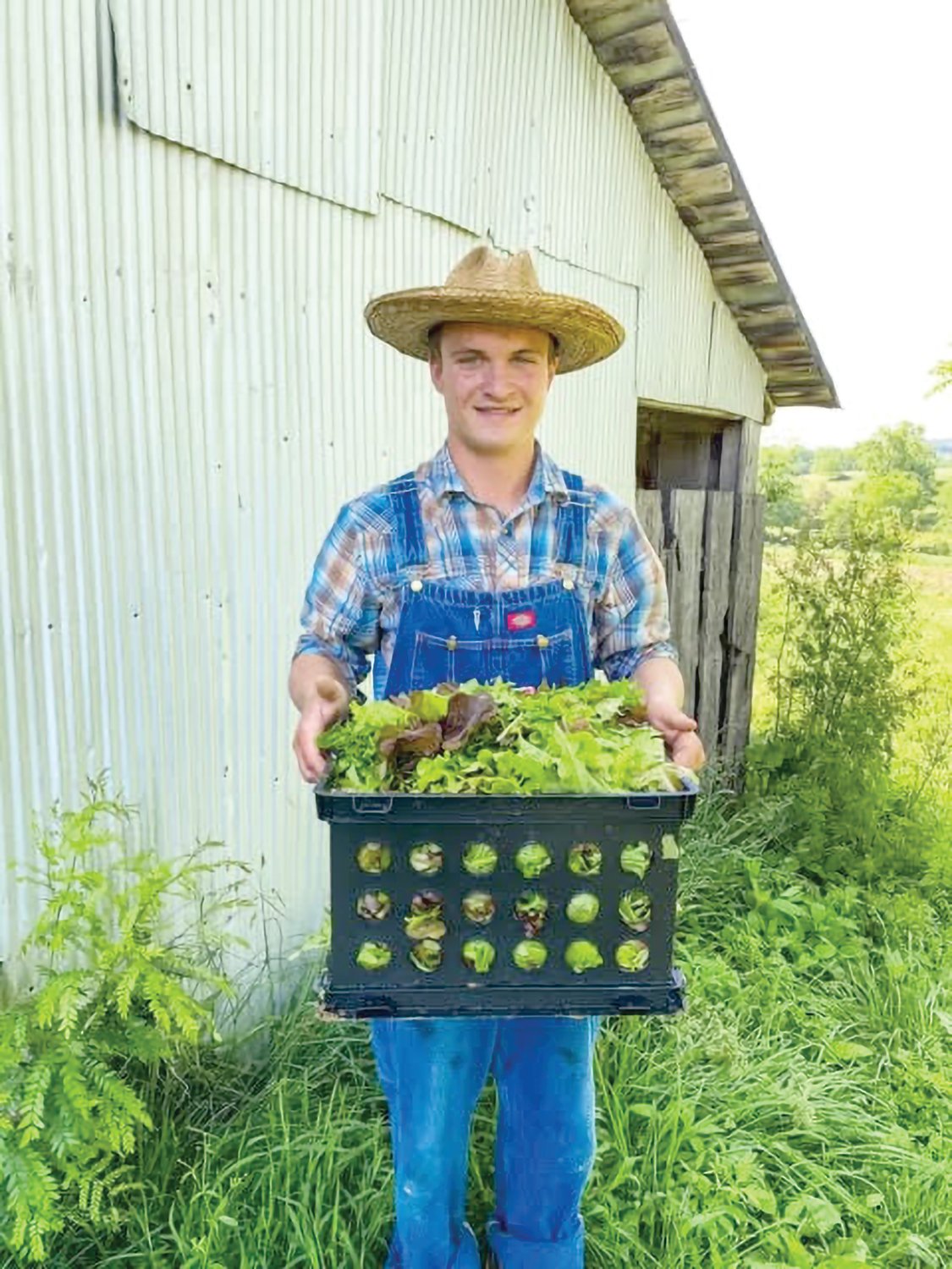 Jacob Lockcuff holds a crate full of greens pulled up for customers.